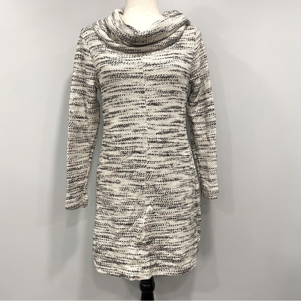 LOFT S Cowl Neck Cream Black Tweed Long Sleeve Mini Shift Sweater Dress Cozy